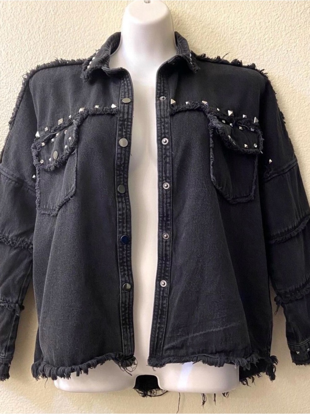 Women’s Distressed Black Studded Denim Jacket / Long Shirt